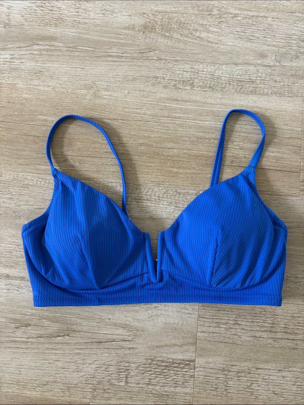 Blue Ribbed V-Plunge Swimsuit Top
